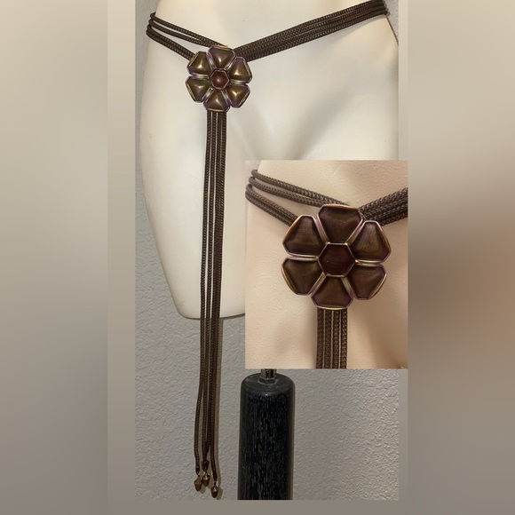 Sarah Cavender Metalworks brown metal rope tassel flower belt